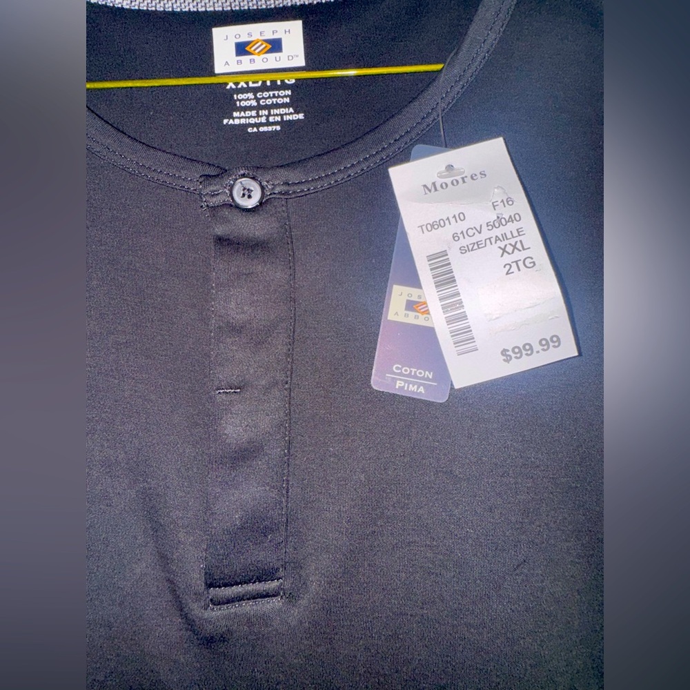 NWT - Joseph Abboud Black Long Sleeve Henley Shirt XXL 100% Cotton